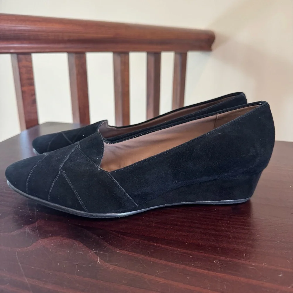 Easy spirit, black suede feel braid, weave wedge slip on shoes size 9, excellent - Picture 5 of 12